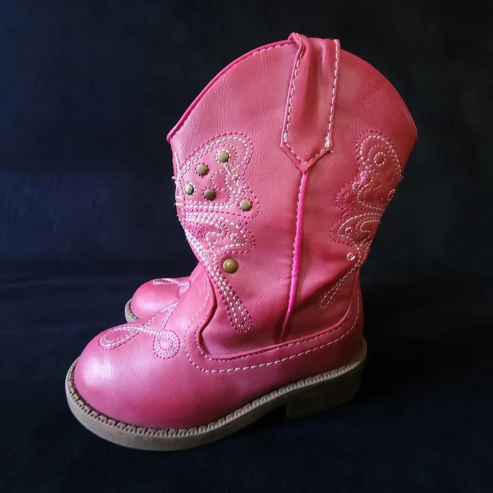 Cherokee Little Girls Western Cowgirl Boots Round Toe Pink Butterfly Size 6